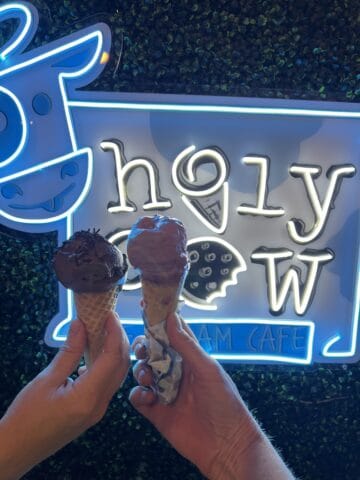 Two hands each holding an ice cream cone in front of a neon sign that reads Holy Cow