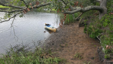 A kayak on the wooded shore of a kettle pond