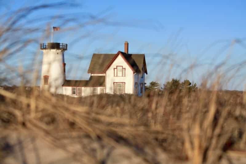 A white light house and building seen through dried sea grass