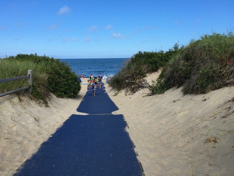 people walking down a wooden boardwalk leading to the beach