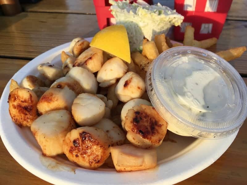 A white plate filled with pan seared scallops, a lemon wedge, french fries, coleslaw and container of tartar sauce