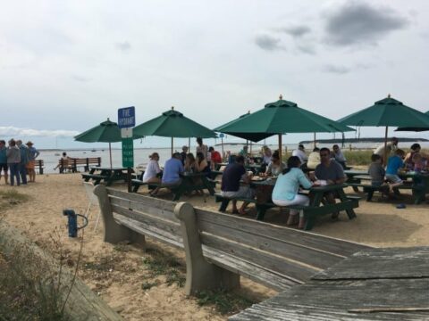 an outdoor restaurant by the beach with wooden picnic tables topped with green umbrellas and people eating