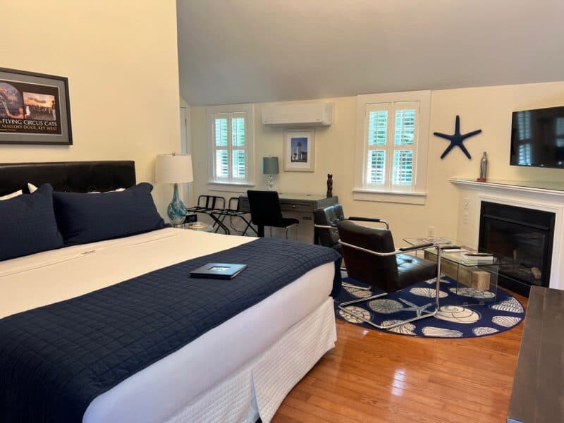 Luxury King Room #8 in the carriage house with a king size bed and blue and white decor