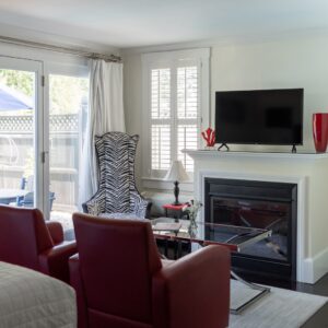 A bedroom showing 2 red leather chairs, a black and white zebra chair, gas fireplace, tv and french doors to outside.