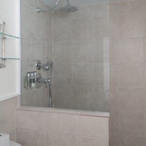 Glass and beige tiled shower with glass shelves and a seahorse on the wall